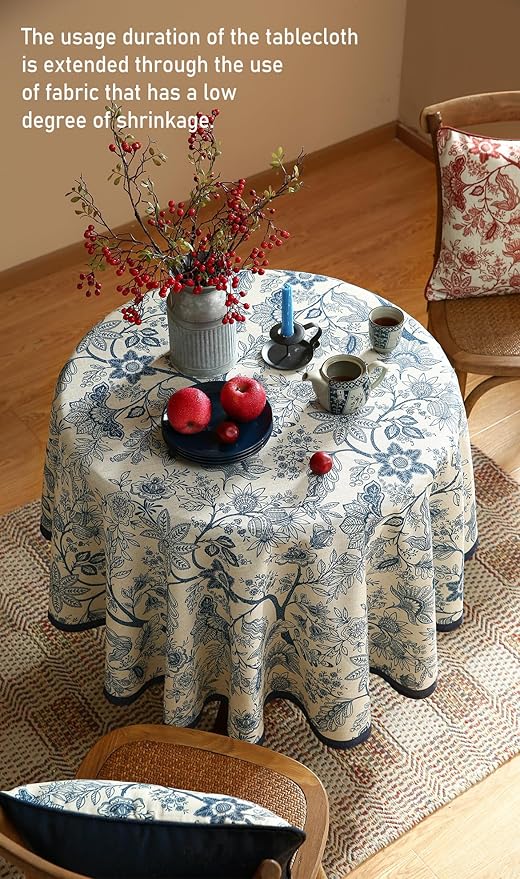 ISAENNE Designer French Linen Small Round Tablecloth,Blue Floral Washable Indoor Table Cloth,Durable Home Decor Tablecloths for Dining Thanksgiving Kitchen Party Christmas,Diameter 55"-Ruyi B