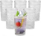Vintage Glassware Drinking Glasses Set of 6,13 oz Clear Textured Flower Design Glass Water Tumblers，Embossed Striped Drinkware for Water,Cocktails,Juice,Iced Coffee