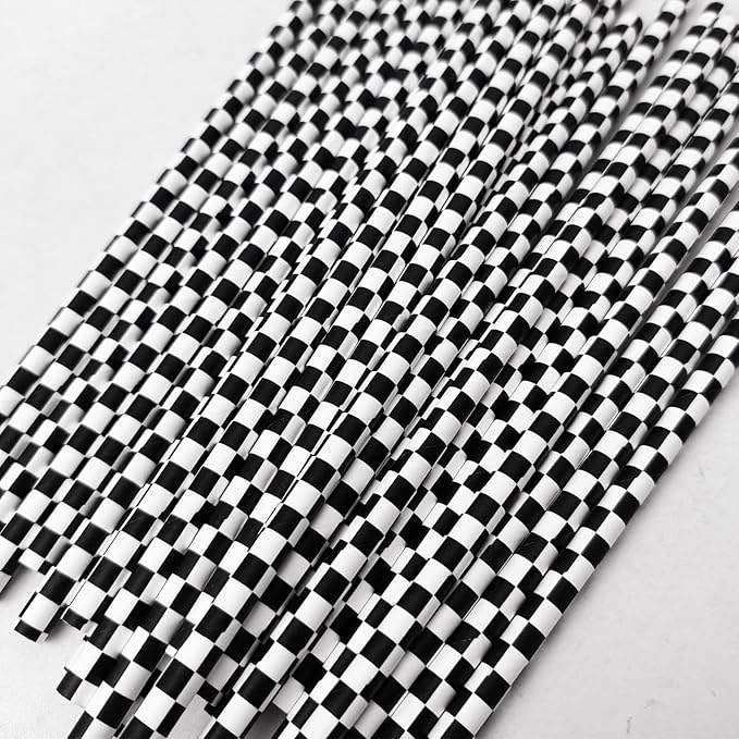 50 Pcs Checkered Flag Paper Straws Racing Car Straws Black and White Checkered Drinking Straws for Racing Birthday Party Decorations, Standard, Black/White