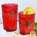 12pcs Vintage Drinking Glasses Set, 12 oz Highball Glasses & 9 oz Embossed Ribbed Glassware Cups for Cocktail, Water, Juice, Coffee, Whiskey (Christmas Red)