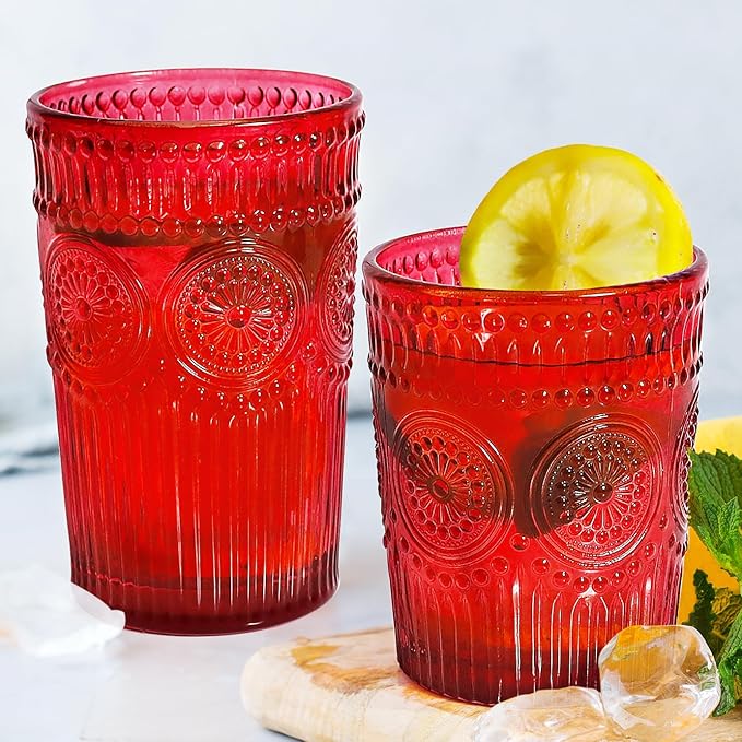 12pcs Vintage Drinking Glasses Set, 12 oz Highball Glasses & 9 oz Embossed Ribbed Glassware Cups for Cocktail, Water, Juice, Coffee, Whiskey (Christmas Red)