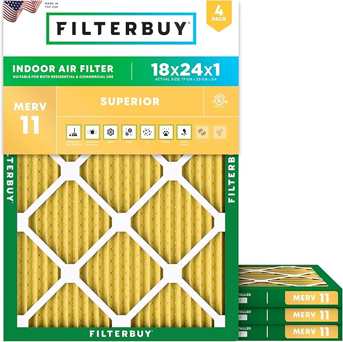 Filterbuy 18x24x1 Air Filter MERV 11 Superior Pet & Allergy Defense (4-Pack), Electrostatic Pleated HVAC AC Furnace Filters Replacement, Made in USA (Actual Size: 17.38 x 23.38 x 0.75)