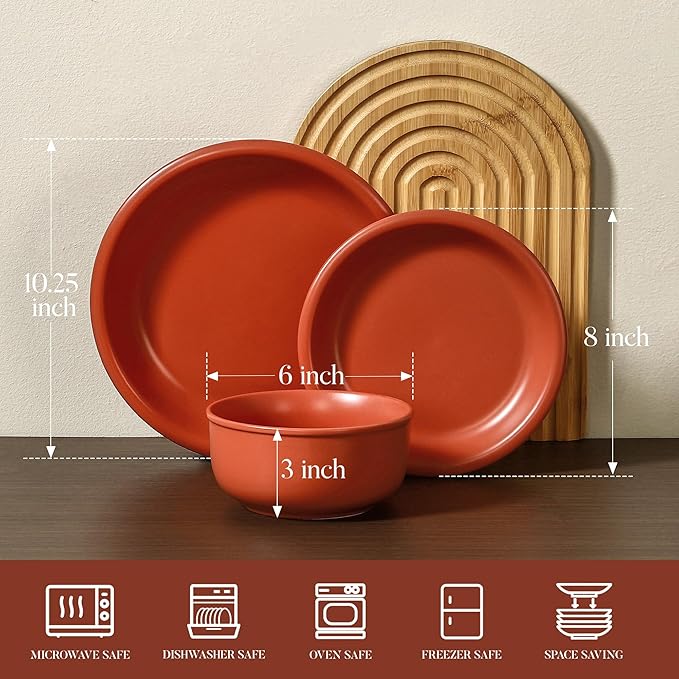 GZG Vintage Series - Ceramic Dinnerware Set for 4, 12 Pieces Stoneware Plates and Bowls Set, Lead-Free, Handcrafted Dishes Set, Microwave & Dishwasher Safe - Terracotta Red