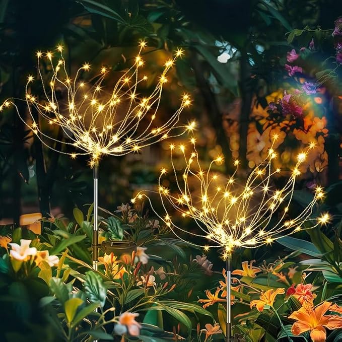 Anordsem Solar Lights Outdoor Waterproof: Garden Fairy Light Powered for Yard Outside Decor-Starburst Fireworks Lamp Led for Patio Pathway- Sparklers Stick Twinkle Gifts for Women 2 Pack Warm White