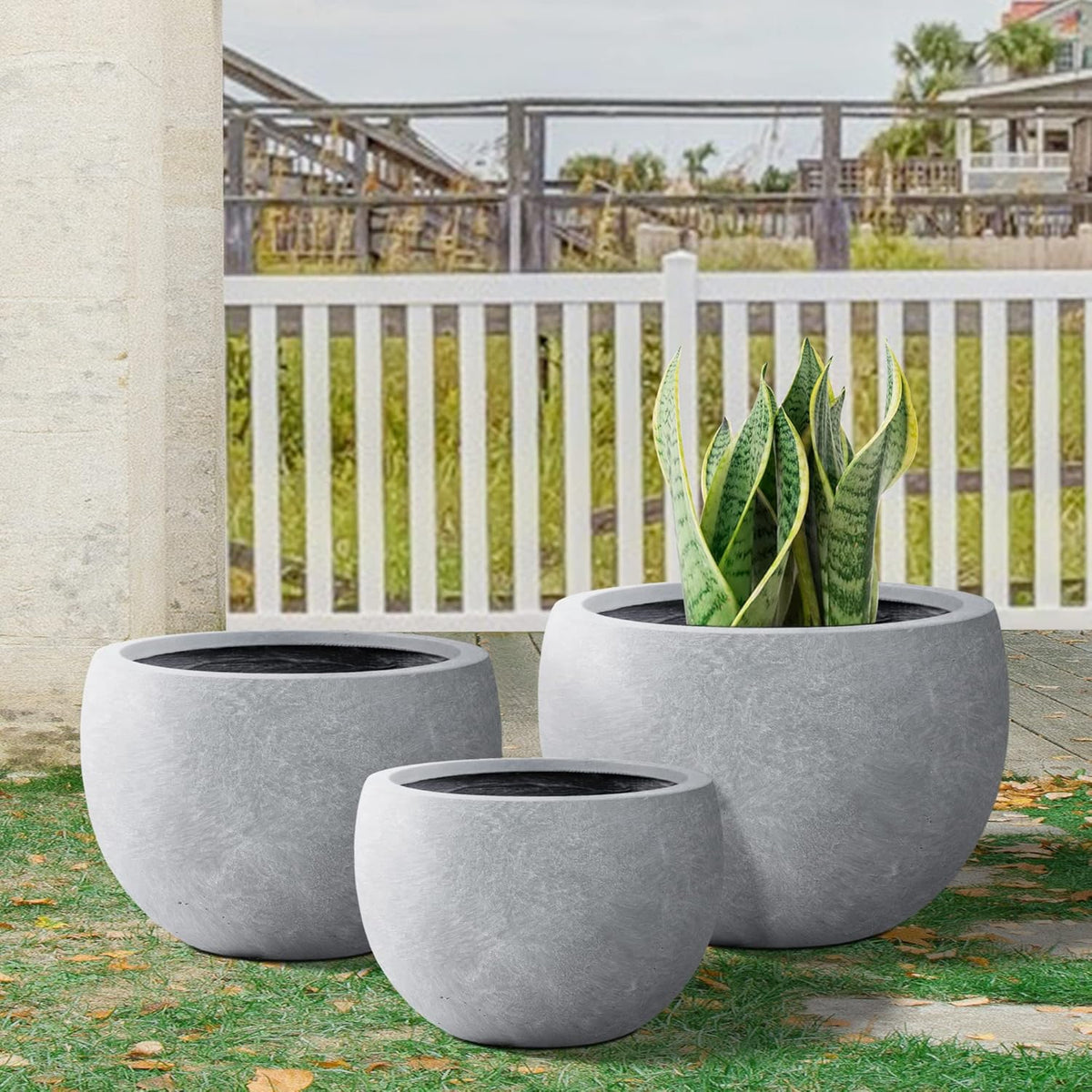Kante 19.9",15.7",11.8" Dia Round Concrete Planter Set of 3, Outdoor/Indoor Large Bowl Plant Pots with Drainage Hole and Rubber Plug for Garden Patio Balcony Home, Slate Gray