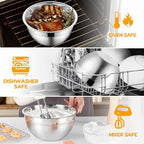 Mixing Bowl Set of 5 for Kitchen, Stainless Steel Metal Nesting Mixing Bowls with Khaki Lids – Size 1.5, 2, 2.6, 3.5, 4.6QT