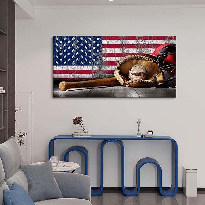 YDYSUNE Baseball Wall Art Vintage American Flag Canvas Prints Sports Pictures Paintings for Living Room Office Home Decorations Modern Artwork 24×48IN