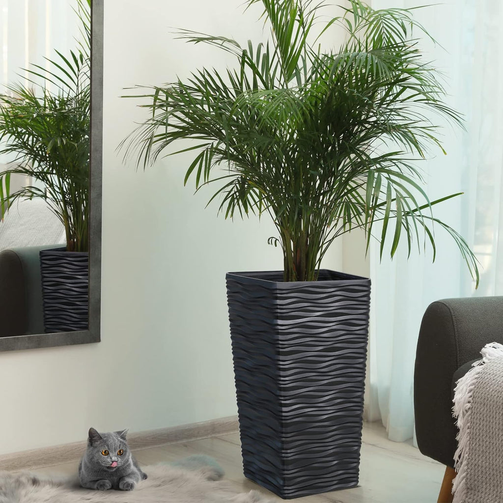 Worth Garden 2-Pack Black Tall Planter - Plastic Square Tapered Tree Plant Pots for Indoor Outdoor - 22" H - Modern Wavy Finish Decorative Flower Pots for Front Porch Containers Patio Deck