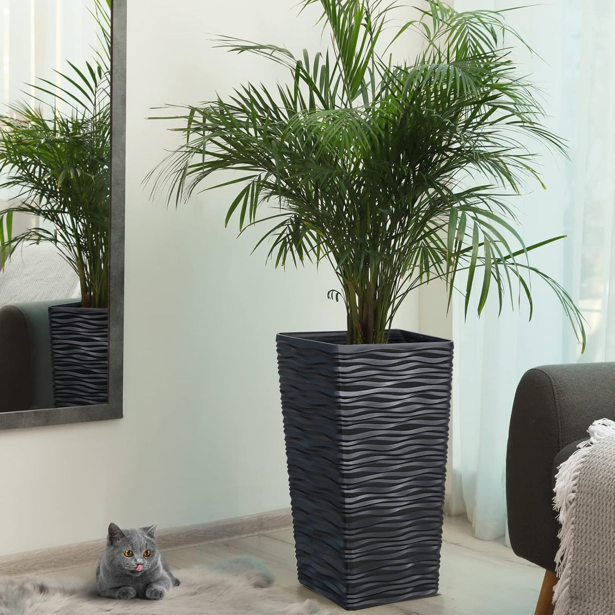 Worth Garden 2-Pack Black Tall Planter - Plastic Square Tapered Tree Plant Pots for Indoor Outdoor - 22" H - Modern Wavy Finish Decorative Flower Pots for Front Porch Containers Patio Deck