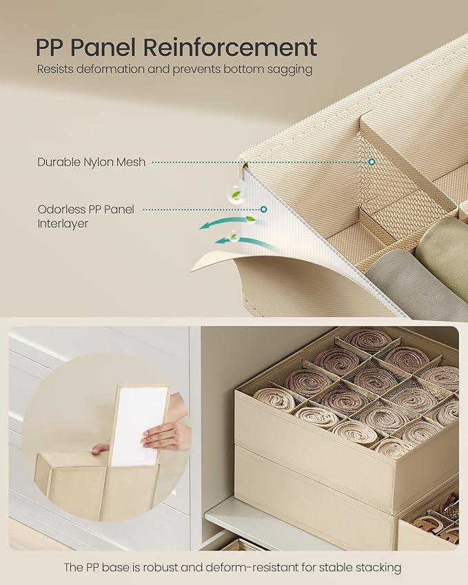 SONGMICS Set of 4 Underwear Organizers, Drawer Organizers, Dresser Closet Storage, 80 Cells (2x16+2x24), Foldable Dividers, 11.8 x 11.8 x 3.9 Inches, for Socks, Ties, Belts, Summer Sand URUS011K01