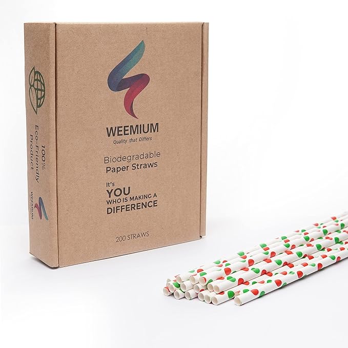 Weemium Christmas Paper Straws - [200 Pack] in 10 Designs - Biodegradable Christmas Straws for Drinking, Party and Crafts