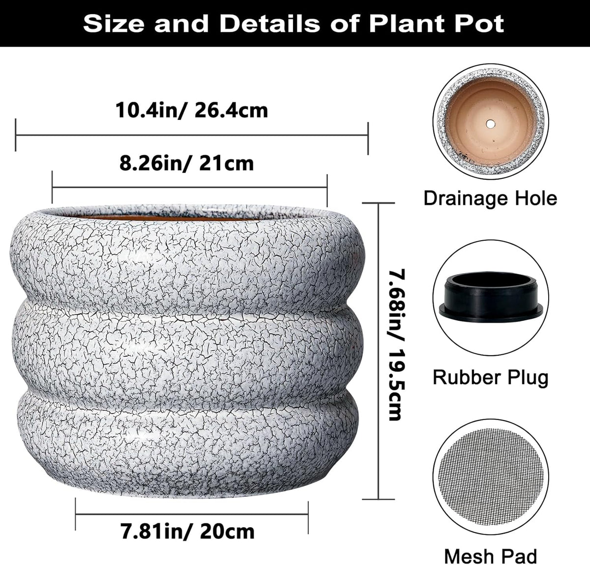 SQOWL Ceramic Planter - 10 Inch Ceramic Plant Pot Indoor, Round Planter with Drainage Hole, Modern Flower Pots Outdoor, Home Living Room Garden Decor, Gardening Gifts, Black and White