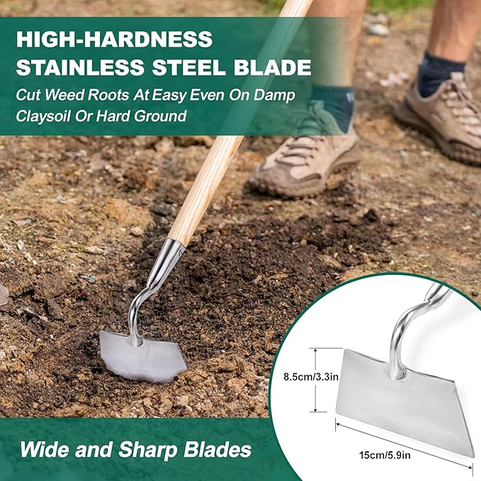 Berry&Bird Flat Edge Garden Hoe, 58'' Hoes Garden Tool with Long Wood Handle, Stainless Steel Weeding Hoe, Heavy Duty Weeder Hoe Tool for Gardening Digging Soil Loosening, Edging & Cultivating