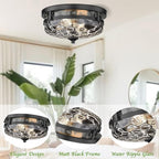 Casia Flush Mount Ceiling Lights, 2-Light Farmhouse Close to Ceiling Light, Hammered Glass Ceiling Light, Industrial Ceiling Lighting Fixture for Kitchen Hallway Living Room Stairwell (Black)