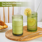 16oz Hobnail Drinking Glasses Set of 6, Vintage Large Capacity Embossed Green Tumblers, Highball Glasses for Water, Cocktail, Beer, Whiskey, Juice & Bar Use