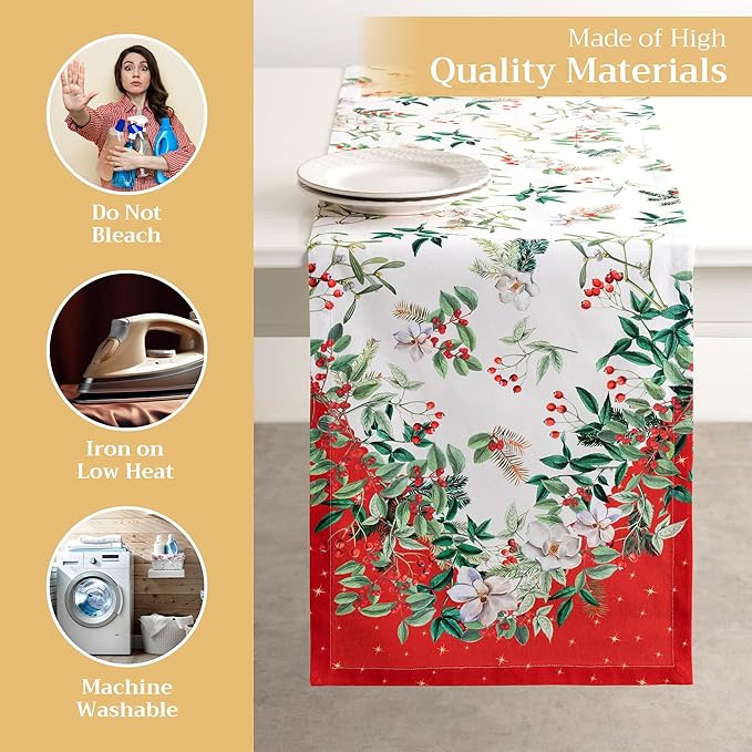 Maison d' Hermine Table Runner 100% Cotton Single Layer Table Runners 72 inches Long for Thanksgiving Christmas Decorations Home Kitchen Dining Party Wedding (Noel, 14.5" x 72")