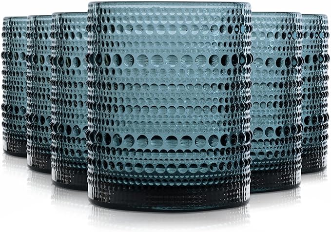 Hobnail Drinking Glasses Set of 6, Vintage Colored Glassware 11oz, Beverage Glass Cups for Water, Juice, Cocktail (Blue)