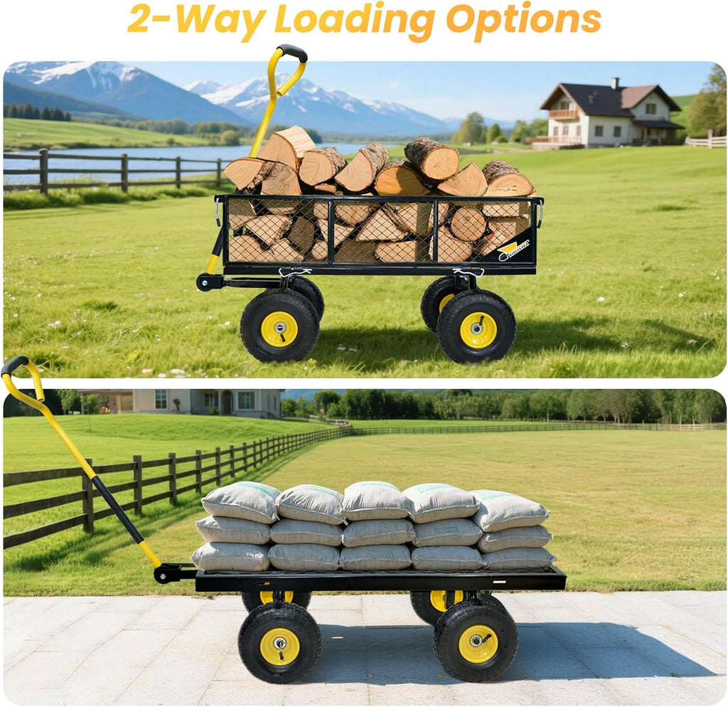 900 lbs Steel Garden Cart, Heavy Duty Yard Utility Wagon with 10" Pneumatic Tires, Removable Mesh Sides and 180° Rotating Anti-Slip Handle