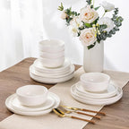 Ceramic Dinnerware Sets for 4,Handcraft Wavy Rim Stoneware Plates and Bowls Sets,Highly Chip and Crack Resistant | Dishwasher & Microwave & Oven Safe Dishes set,Service for 4 (12pc)-White &Wave