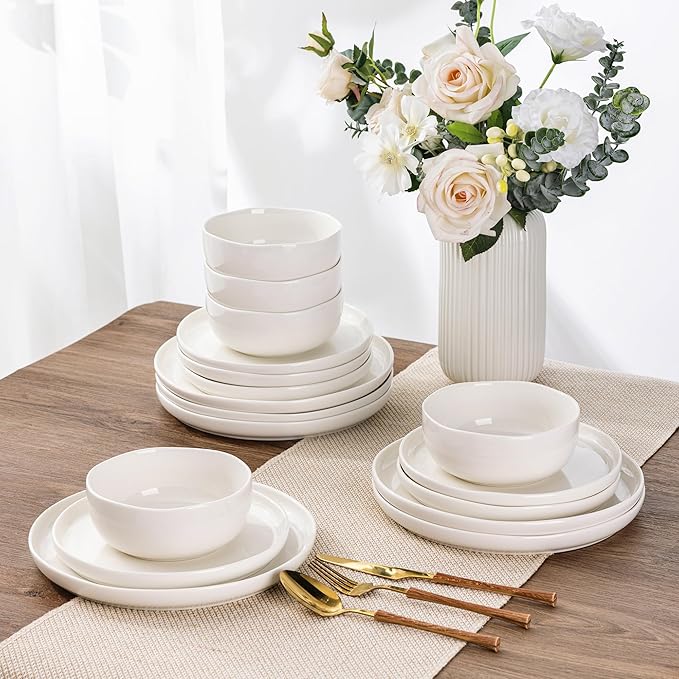 Ceramic Dinnerware Sets for 4,Handcraft Wavy Rim Stoneware Plates and Bowls Sets,Highly Chip and Crack Resistant | Dishwasher & Microwave & Oven Safe Dishes set,Service for 4 (12pc)-White &Wave