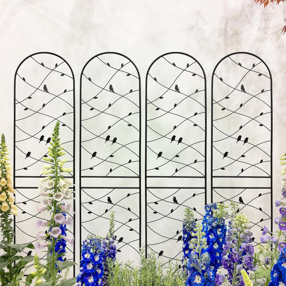 4 Pack Metal Garden Trellis 86.7" Tall Outdoor Climbing Plant Support for Roses, Flowers, Rustproof Durable Black Galvanized Tube, Lawn Garden Fence Decor Screen (4, Black birds-86.7" H)