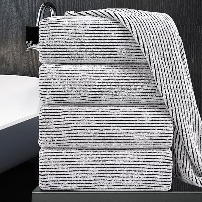 4 Piece Bath Towel Set 35"x70"Oversized Bath Towel for Bathroom Ultra Soft Fluffy Extra Large Bath Sheet Luxury Premium Bathroom Towel Highly Absorbent Quick Dry Shower Towel for Hotel Spa,Black White