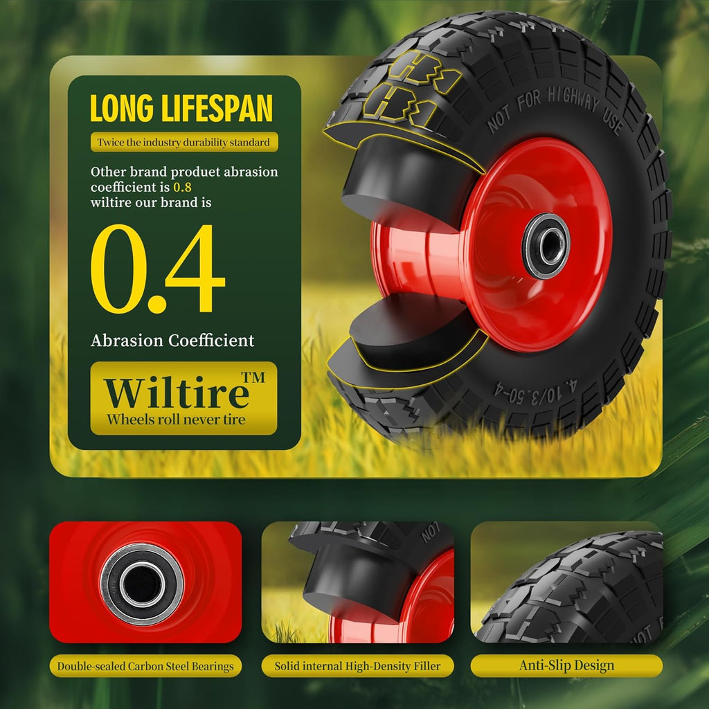 (2 Pack) 4.10/3.50-4 Flat Free Tire and Wheel 10-Inch Solid Wheel Replacement with 5/8 Bearings,2.2" Offset Hub -Compatible with Hand Truck,Wheelbarrow(Red)