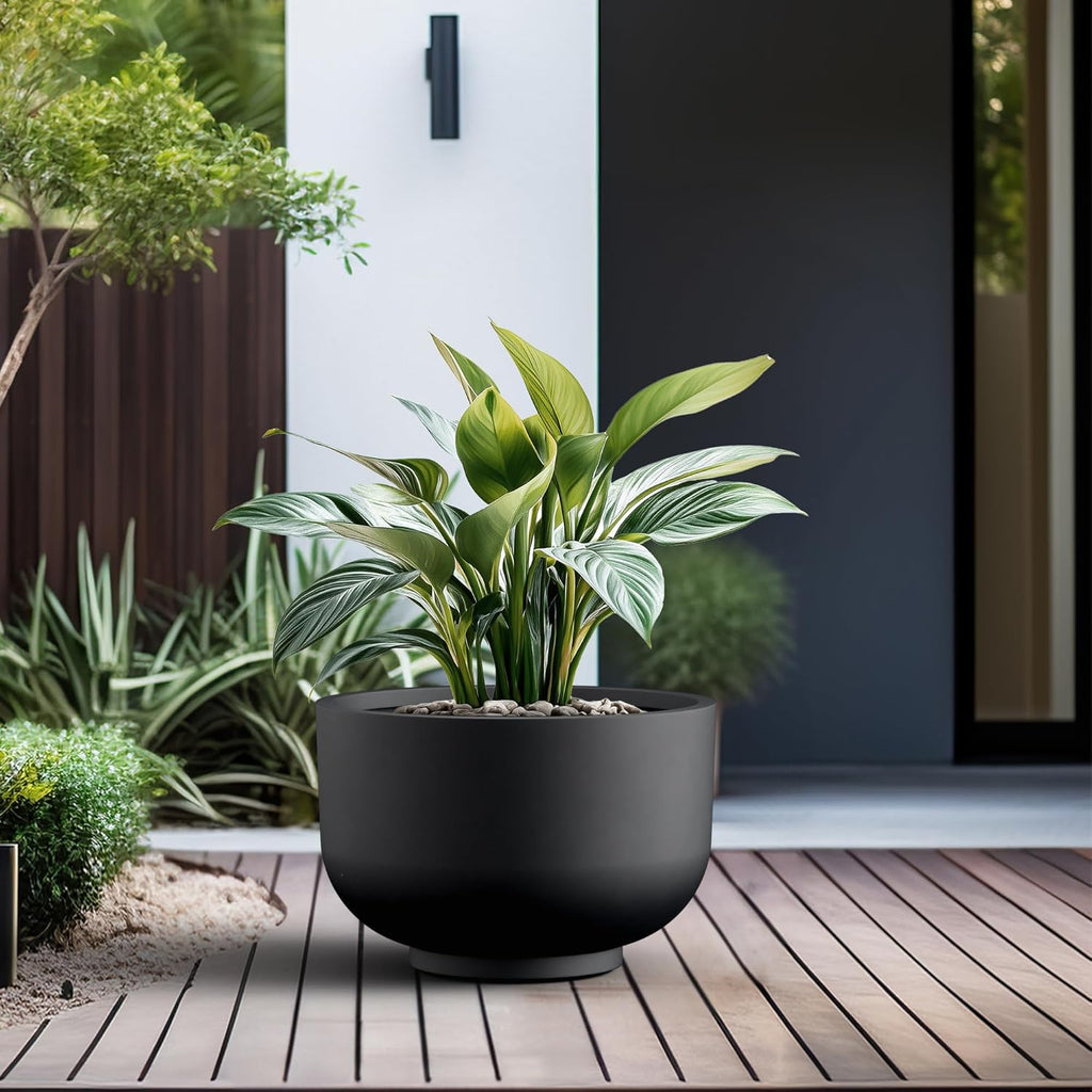 Kante 17.7 Inch Dia Concrete Bowl Planter, Large Tapered Bottom Plant Pot with Drainage, Smooth Black Finish with Warm Brown Interior, Ideal for Porch, Home, Garden, Patio