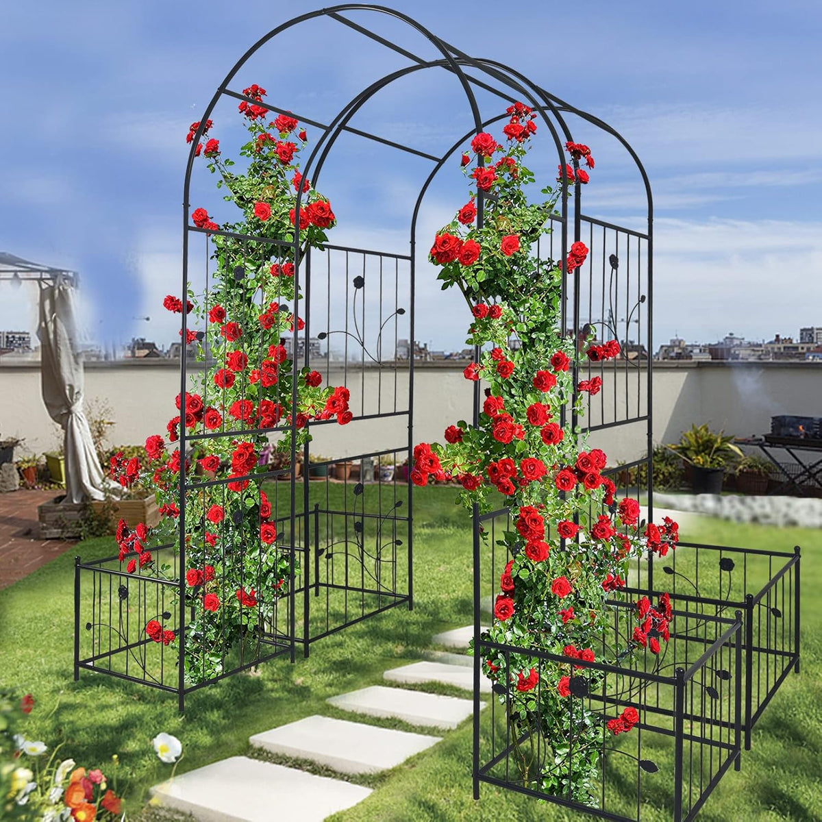 Metal Garden Arch with 2 Plant Stands, Garden Arch Trellis for Climbing Plants Outdoor, Garden Arbor for Weddings Party Events Decoration, 79.5" L X 19.7" W X 86.6" H, Black