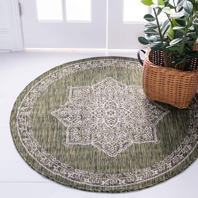 Unique Loom Outdoor Traditional Collection Area Rug - Antique (4' 1" Round, Green/ Gray)