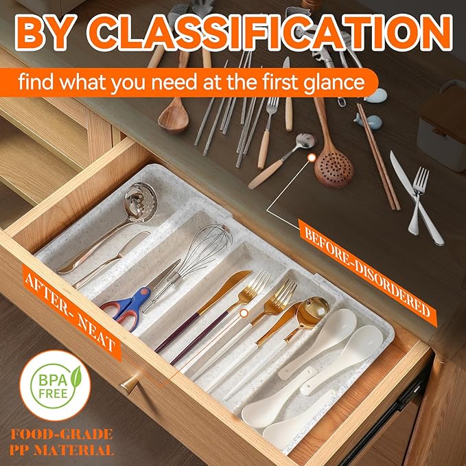 Expandable Large Silverware Organizer, Utensil Drawer Organizer for Kitchen Cutlery, Marble Design， Adjustable Cooking Utensil Tray, Plastic Spatula Tools and Gadgets Storage Divider, White