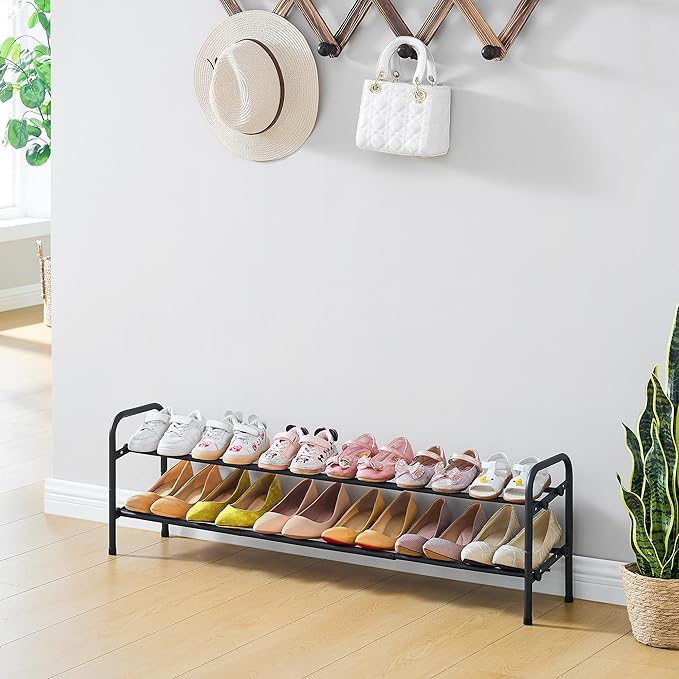 2 Tier Shoe Rack, Shoe Organizer for Closet, 28“ Metal Shelf Can Expandable to 42“, for Bedroom, Entryway, Closet, Garage, Adjustable to 12 Pairs Shoes, Black