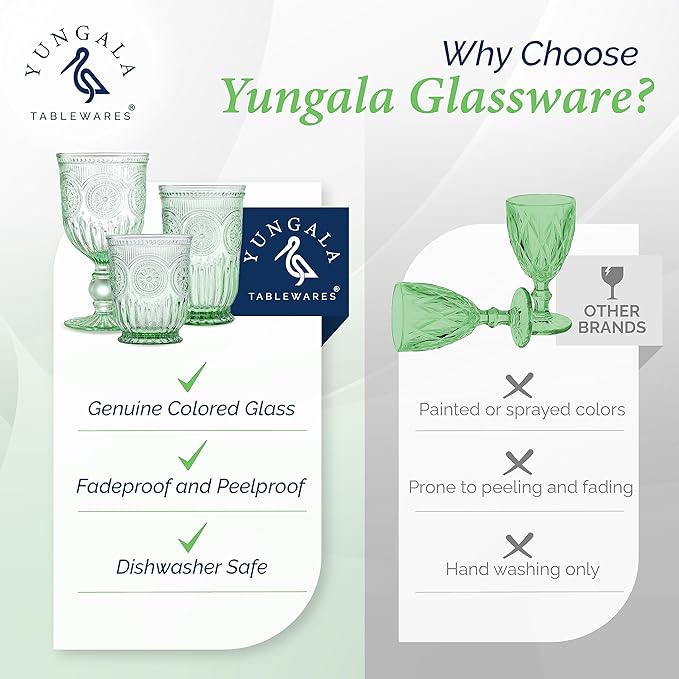 Yungala Green Wine Glasses set of 6 green goblets for lovers of green glassware or colored glassware that is dishwasher safe, sturdy and durable