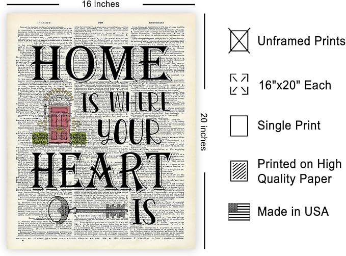 Poster Master Dictionary Art Poster - Home Is Where Your Heart Is Print - Motivational Art - Gift for Men & Women - Inspiring Wall Decor for Dorm, Bedroom or Living Room - 16x20 UNFRAMED Wall Art