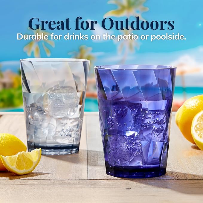 US Acrylic Optix Plastic Reusable Drinking Glasses (Set of 8) 14oz Rocks Cups in Coastal Colors | BPA-Free Tumblers, Made in USA | Top-Rack Dishwasher Safe