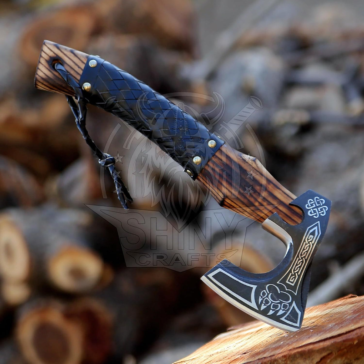 SHINY CRAFTS®- Decorative Viking Axe – Unique Gift for Dad Carbon Steel Blade with Leather Handle Perfect for Bushcraft or Display (SCA-16)