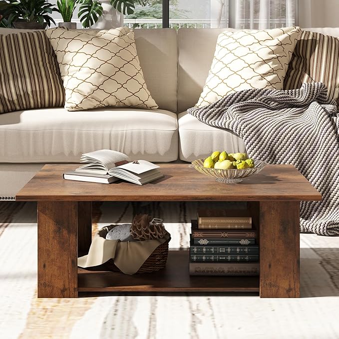 Tangkula 2-Tier Coffee Table, Modern Rectangular Center Cocktail Table with 5 Support Legs, Wooden Accent Living Room Furniture, Small Coffee Table for Small Spaces, Easy Assembly (Rustic Brown)