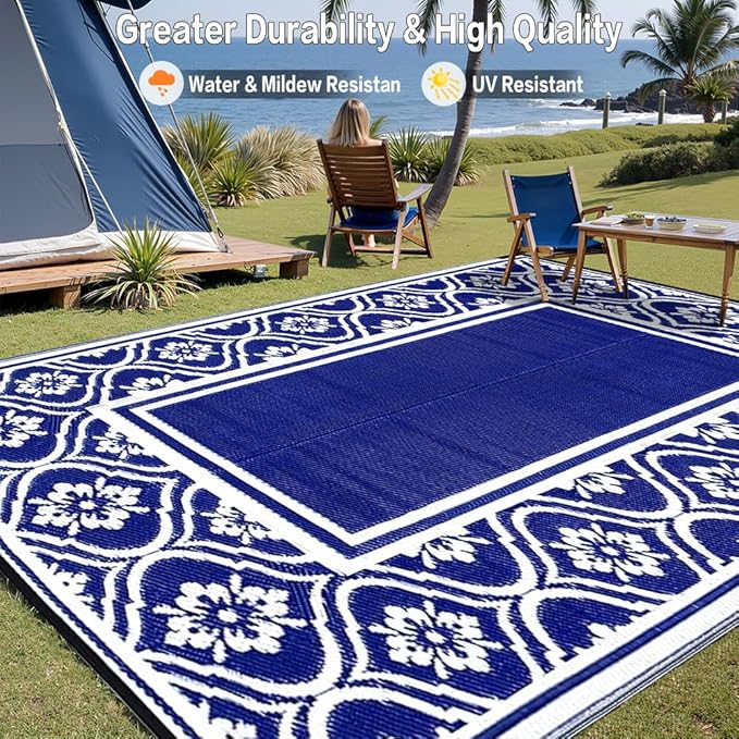 RV Outdoor Rug Waterproof Mat 9'x12' Camping Carpet Outside Area Rugs Reversible Light Blue Rugs for Deck Entryance Porch Picnic Balcony Beach