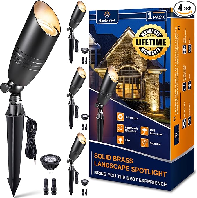Brass Landscape Lighting - Black Low Voltage Spotlights Outdoor LED, 12V Wired Uplights, Waterproof Spot Lights for Outside Trees with 5W 2700K Warm White MR16 Bulb (4 Pack)