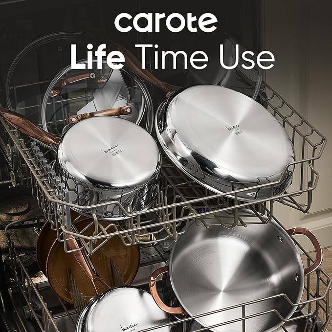 CAROTE 23pcs Tri-Ply Stainless Steel Cookware Set, Pots and Pans Set, Non Stick Induction Kitchen Cooking Sets, Nonstick Cookware Collection, Mirror Polish, Silver