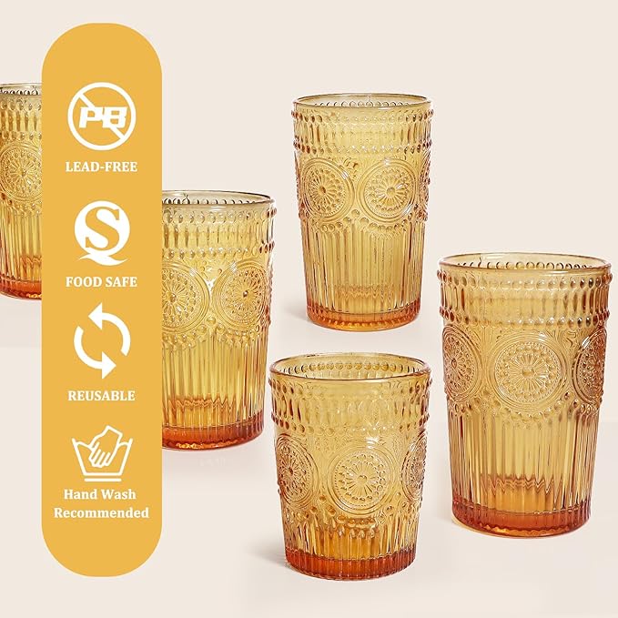 12pcs Vintage Drinking Glasses Set, 12 oz Highball Glasses & 9 oz Embossed Ribbed Glassware Cups for Thanksgiving Cocktail, Juice, Coffee, Whiskey (Amber)