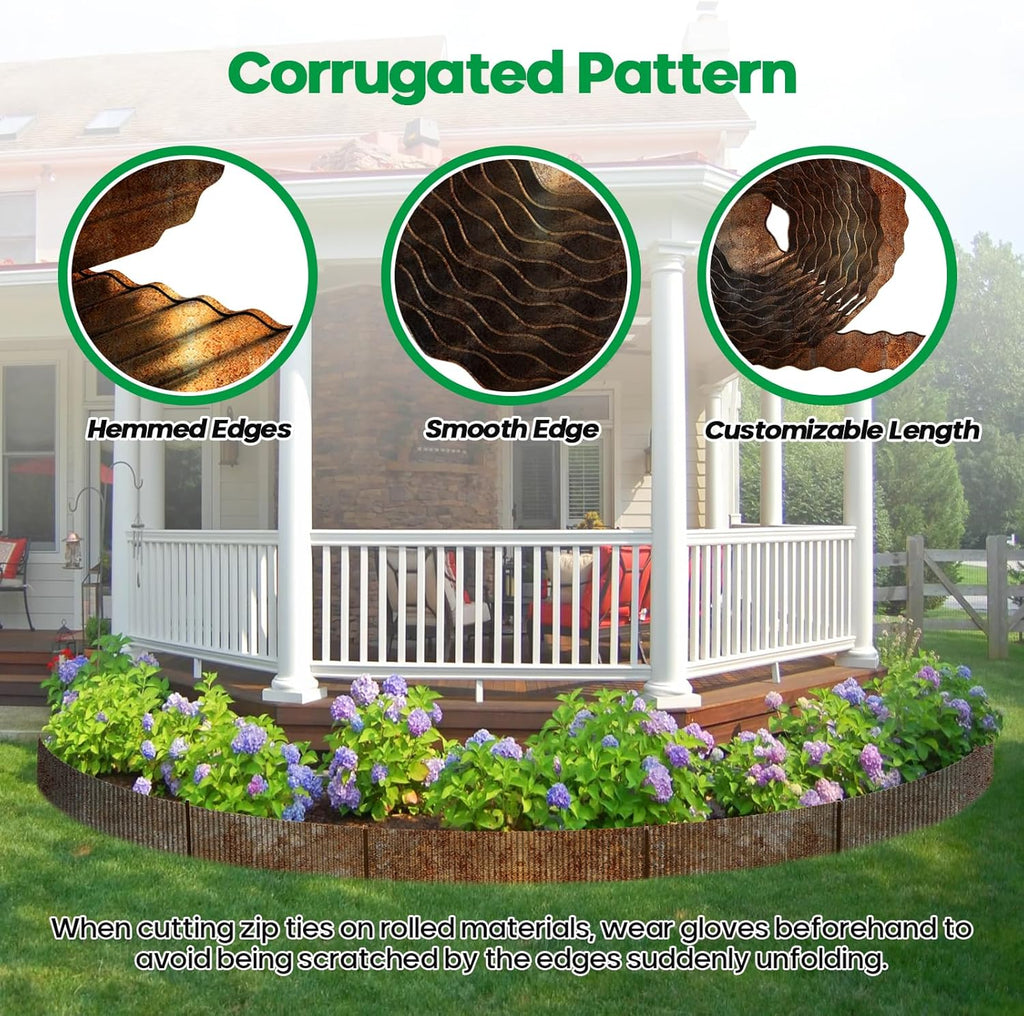 Corrugated Metal Garden Edging, Sturdy Tall Landscape Edging Borders, Perfect DIY for Flower Beds, Lawn and Pathway,Tree Surrounds,Paver Edges (Pre-Rusted, 10"×20FT)