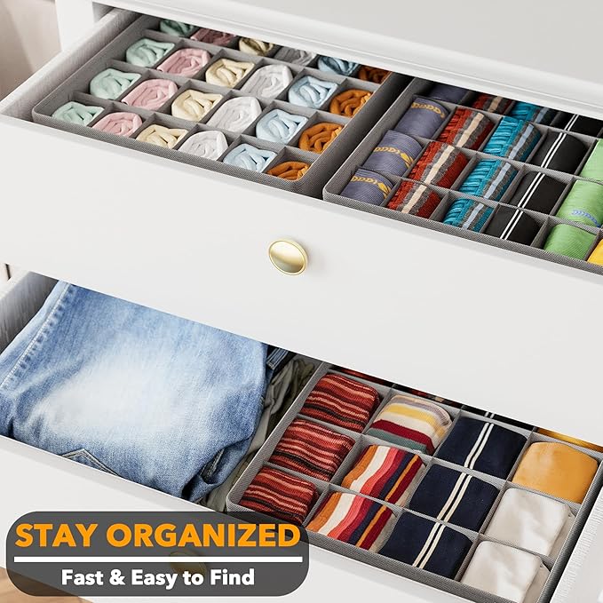 SpaceAid Sock Drawer Organizer Divider 3 Pack, 64 Cell Dresser Closet Nursery Underwear Organizers Storage Bins for Organizing Socks Underwear Ties Belts (Grey)