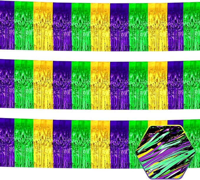 3 Pack 10 Long Gold Green Purple Metallic Foil Fringe Garland Wall Hanging Tassle Banner, Mother's Day, Easter, Parade Floats, Birthday, Theme Party, Wedding Party Decorations