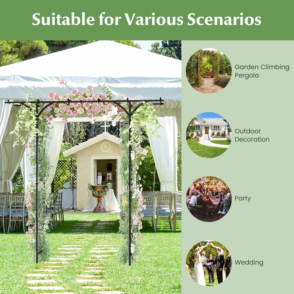 LDAILY Wedding Arch, 6.8FT Rustproof Metal Garden Arbor with Extended Roof & 4 Stakes, Outdoor Plant Support for Vines Roses, Decorative Trellis for Climbing Plants Outdoor for Lawn Wedding Ceremony