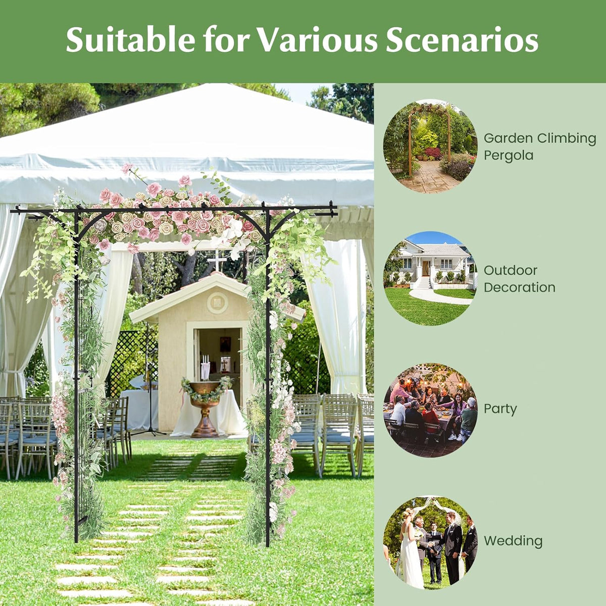 LDAILY Wedding Arch, 6.8FT Rustproof Metal Garden Arbor with Extended Roof & 4 Stakes, Outdoor Plant Support for Vines Roses, Decorative Trellis for Climbing Plants Outdoor for Lawn Wedding Ceremony