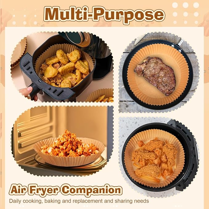 Honeydak 300 Pcs Air Fryer Disposable Paper Liner, Non-stick Air Fryer Liners, Round Parchment Paper for Cooking Baking Oil Proof Microwave Roasting Food Grade Easy Cleanup (9 Inch)