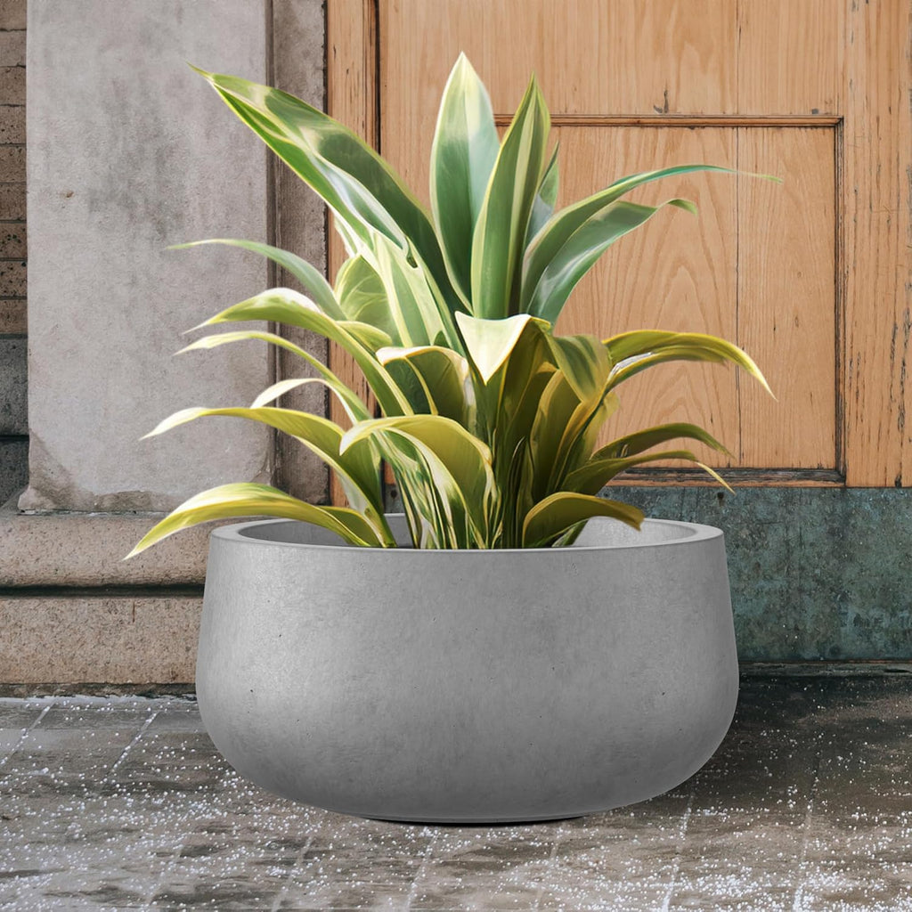 Kante 19.6" Dia Round Concrete Planter, Cement Plant Pots with Drainage Hole and Rubber Plug for Outdoor Indoor Garden Home, Modern Curvaceous Design, Natural Concrete