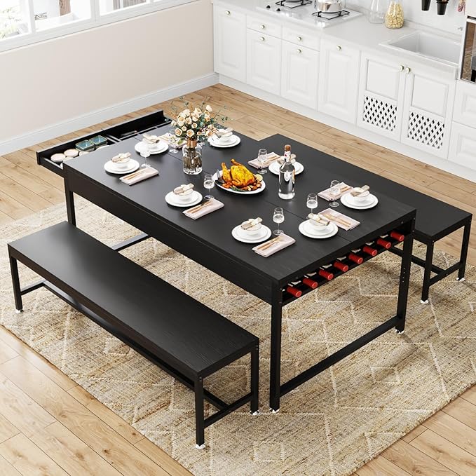 Loomie 63" Dining Table Set for 4-6, 3-Piece Kitchen Table with 2 Utensil Drawers, 2 Benches & Wine Rack, Modern Space Saving & Heavy Duty Dinner Table Set with Metal Frame & MDF Board,Black