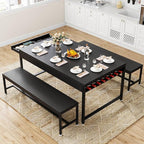 Loomie 63" Dining Table Set for 4-6, 3-Piece Kitchen Table with 2 Utensil Drawers, 2 Benches & Wine Rack, Modern Space Saving & Heavy Duty Dinner Table Set with Metal Frame & MDF Board,Black